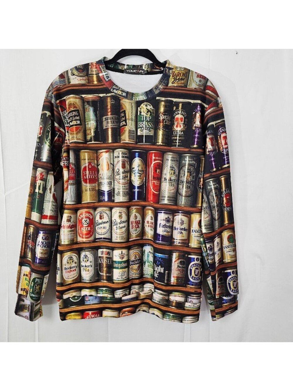 YOUCAN Sweatshirt Mens M Beer Can All Over Print Crew Neck Long Sleeve
